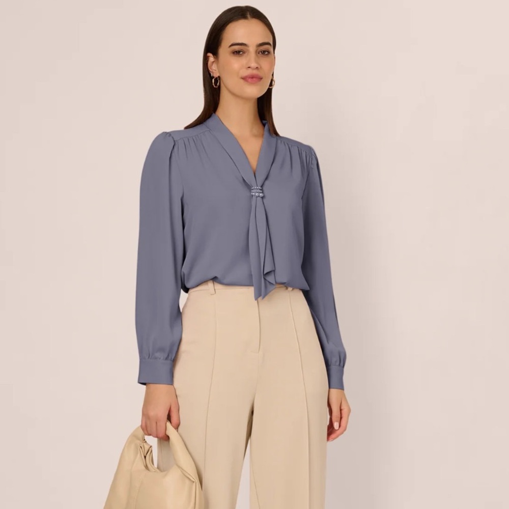 Long Sleeve Embellished Tie Collar Blouse In Dusty Blue
Size S NEW
